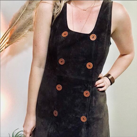 VINTAGE Compero Brown Suede Leather Button Front Sleeveless Tank Jumper Dress 42 - Picture 3 of 6
